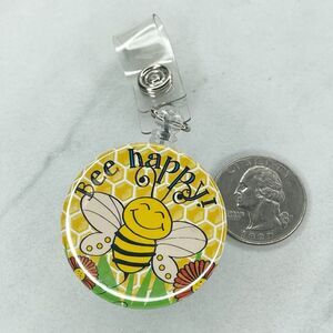 Bee Happy Flower Clip Retractable Reel School Work Badge ID Holder